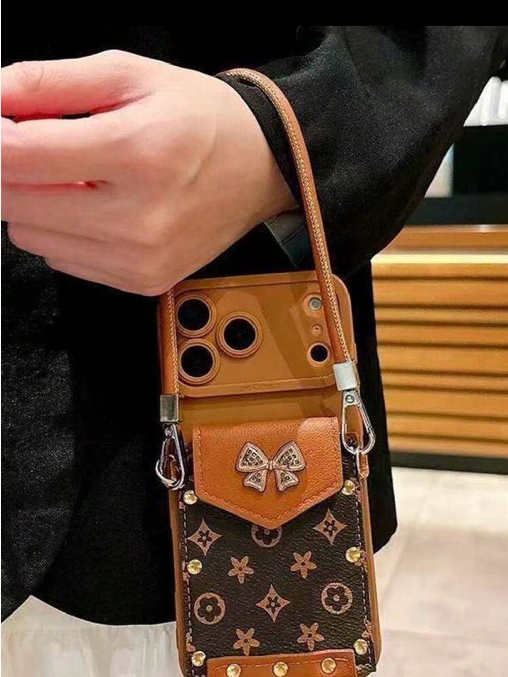 📱📱📱BIGOHO📱📱📱Brown Bow Pocket Leather-Style Phone Case with Card Holder-17ProMax - Picture 2 of 4